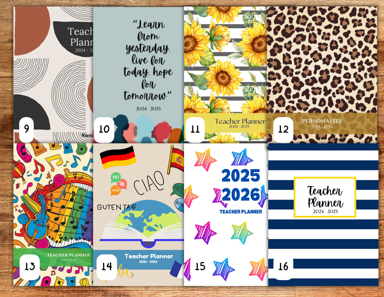 Eight planner covers: geometric circles, sunflowers, leopard, colorful music patters, fun foreign language, colorful stars, and navy stripes.