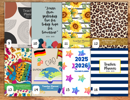 Eight planner covers: geometric circles, sunflowers, leopard, colorful music patters, fun foreign language, colorful stars, and navy stripes.