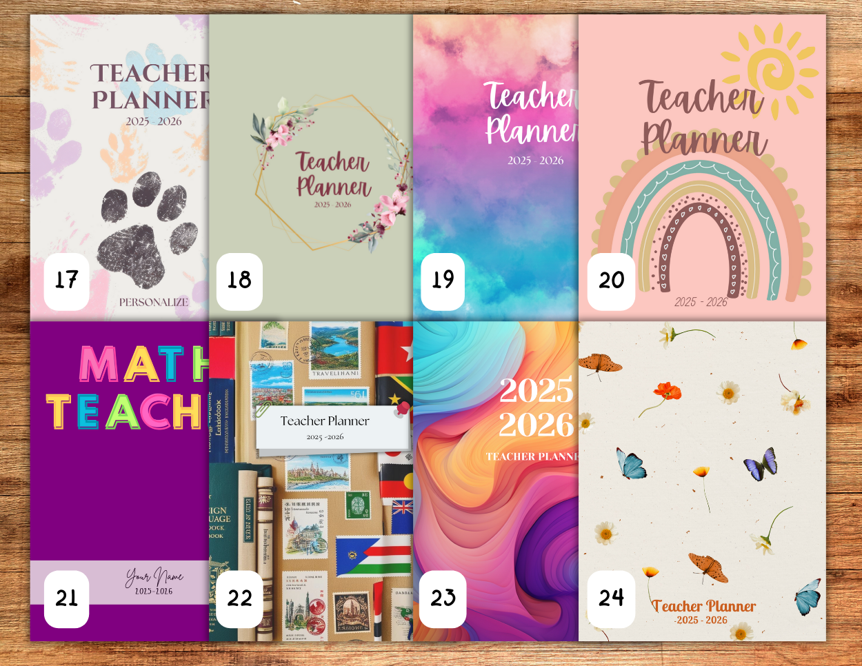 Eight planner covers shown, paw print, floral ring, rainbow clouds, boho rainbow, color block, foreign language, colorful waves, and butterlies.