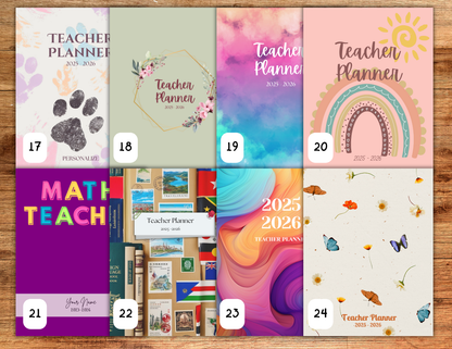 Eight planner covers shown, paw print, floral ring, rainbow clouds, boho rainbow, color block, foreign language, colorful waves, and butterlies.