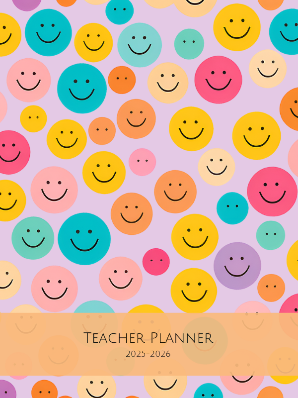 Pink background with multi-colored smiley faces.