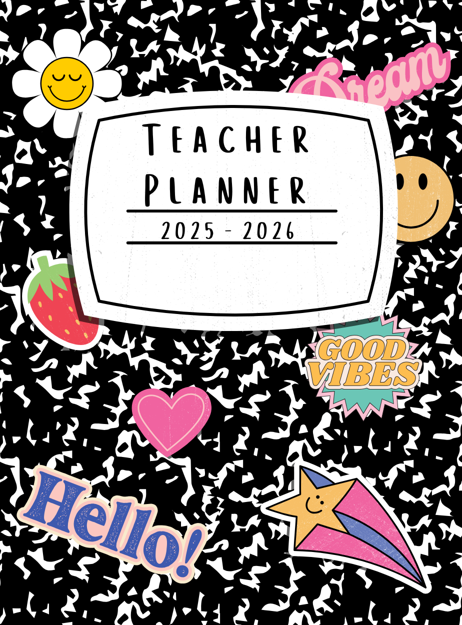 Black composition notebook cover with colorful stickers. a strawberry, shooting star, smiley face, heart, good vibes, dream, and hello!