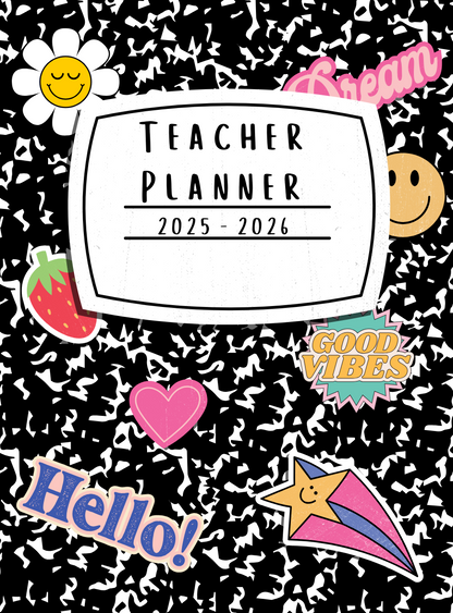 Black composition notebook cover with colorful stickers. a strawberry, shooting star, smiley face, heart, good vibes, dream, and hello!